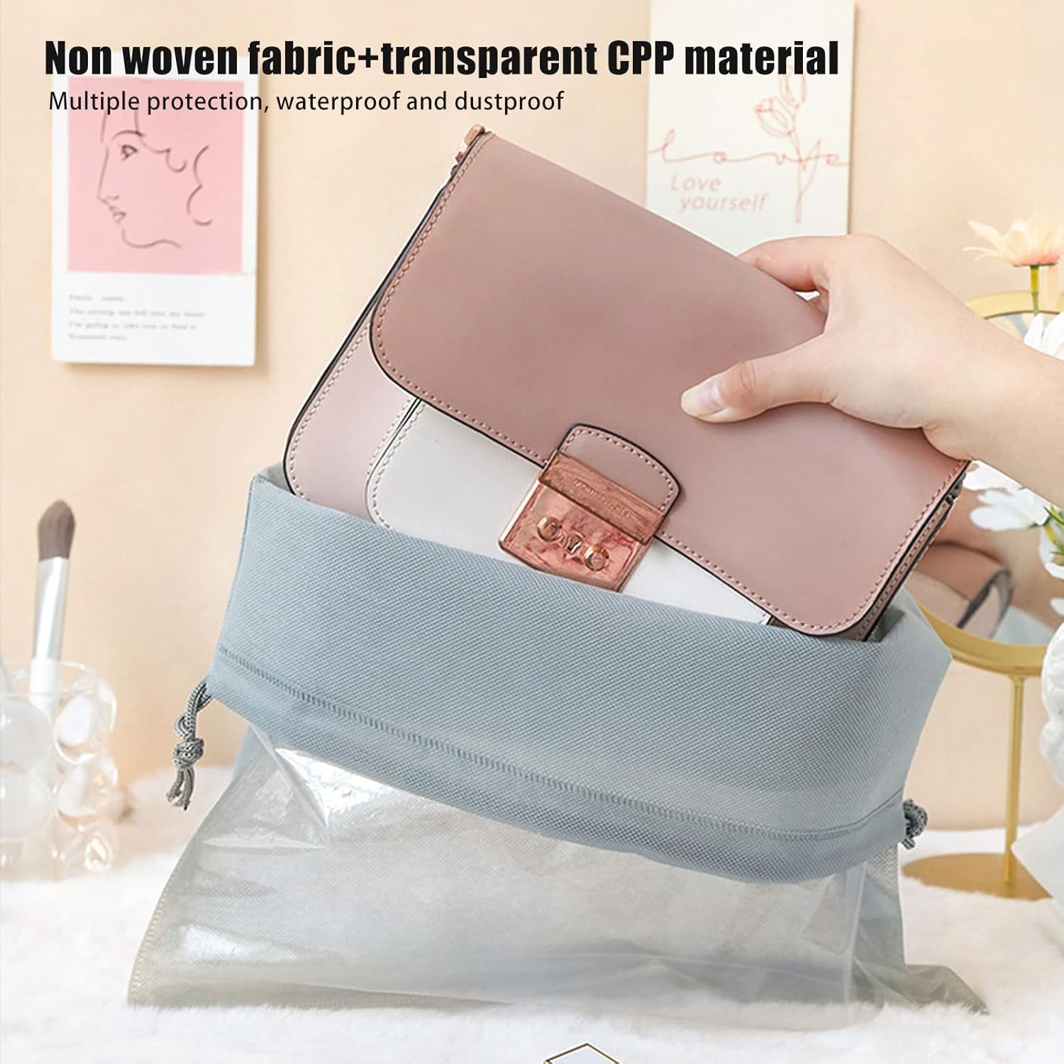 18Pcs Large Dust Cover Storage Bags, 3 Sizes Drawstring Breathable Bags for Handbags, Non-Woven Fabric Dustproof Clear Window Handbag Storage Organizer (Grey)-1