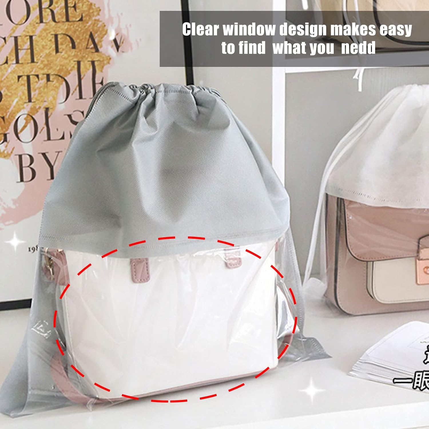 18Pcs Large Dust Cover Storage Bags, 3 Sizes Drawstring Breathable Bags for Handbags, Non-Woven Fabric Dustproof Clear Window Handbag Storage Organizer (Grey)-2