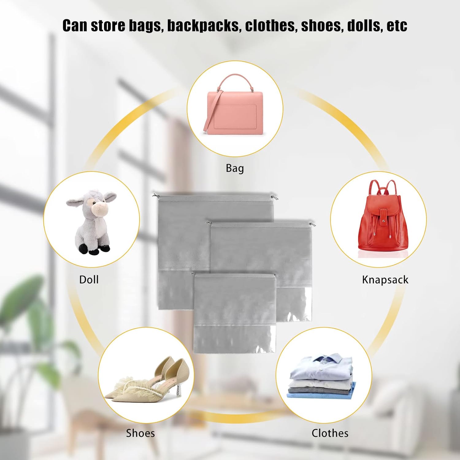 18Pcs Large Dust Cover Storage Bags, 3 Sizes Drawstring Breathable Bags for Handbags, Non-Woven Fabric Dustproof Clear Window Handbag Storage Organizer (Grey)-3