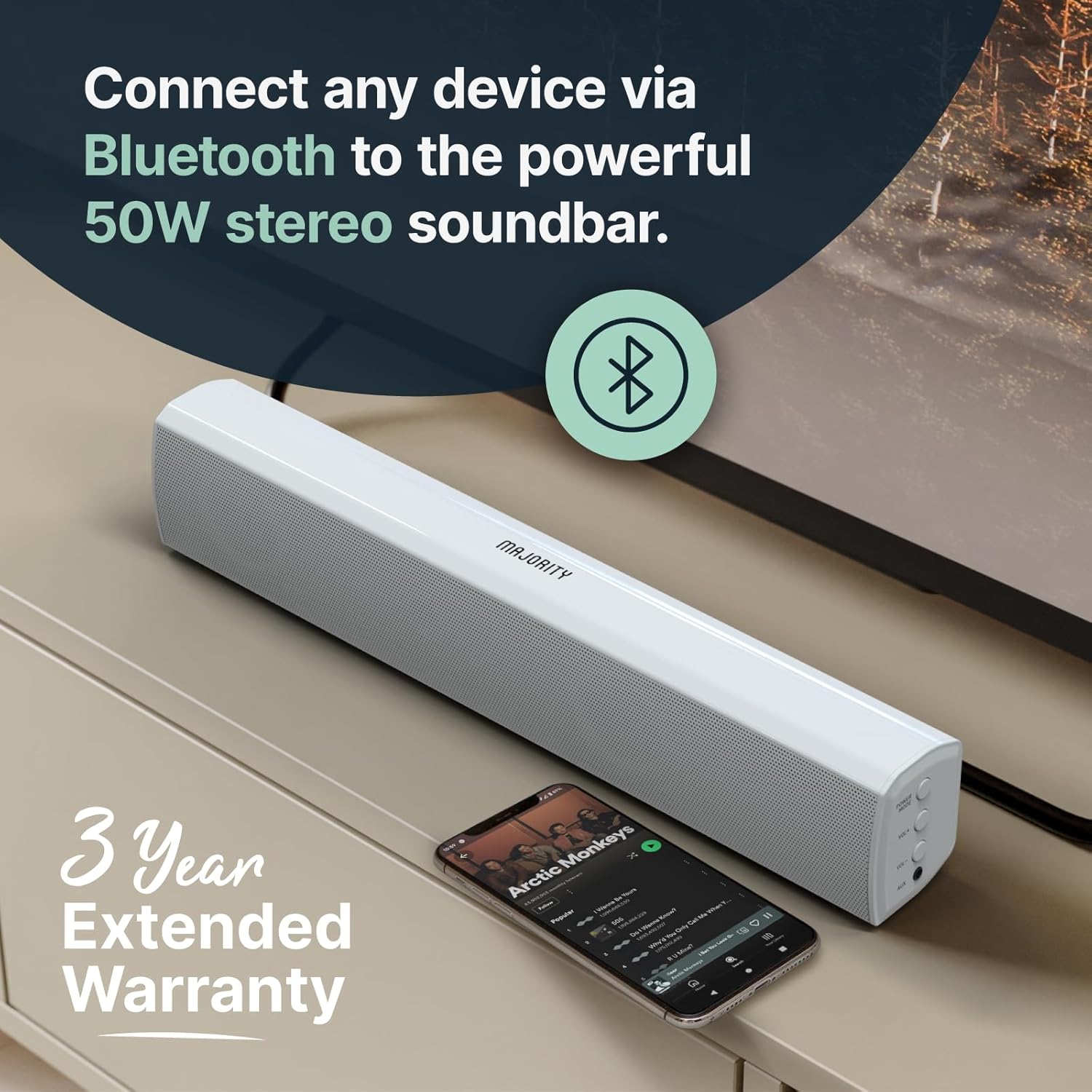 MAJORITY Bowfell | Bluetooth Sound Bar for TV | 50 Watt 2.0 Stereo Speaker Soundbar | Optical, RCA, USB, MP3 & AUX Input | 38cm | Custom EQ Settings & Remote Control (White)-4