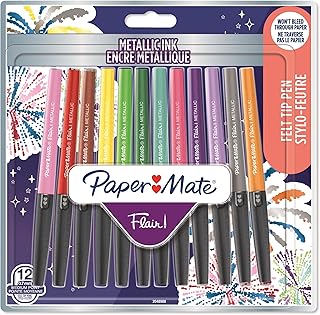 Paper Mate Flair Metallic Glitter Felt Tip Pens | Medium Point 1.0mm | Pack of 12 | Assorted Glittery Shiny Colours