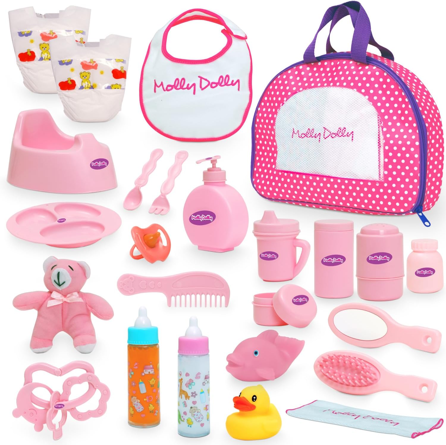 Molly Dolly Baby Doll Accessories Set - Baby Accessories For Dolls - Baby Dolls Changing Bag With 25 Toy Baby Accessories Including Feeding Set-0