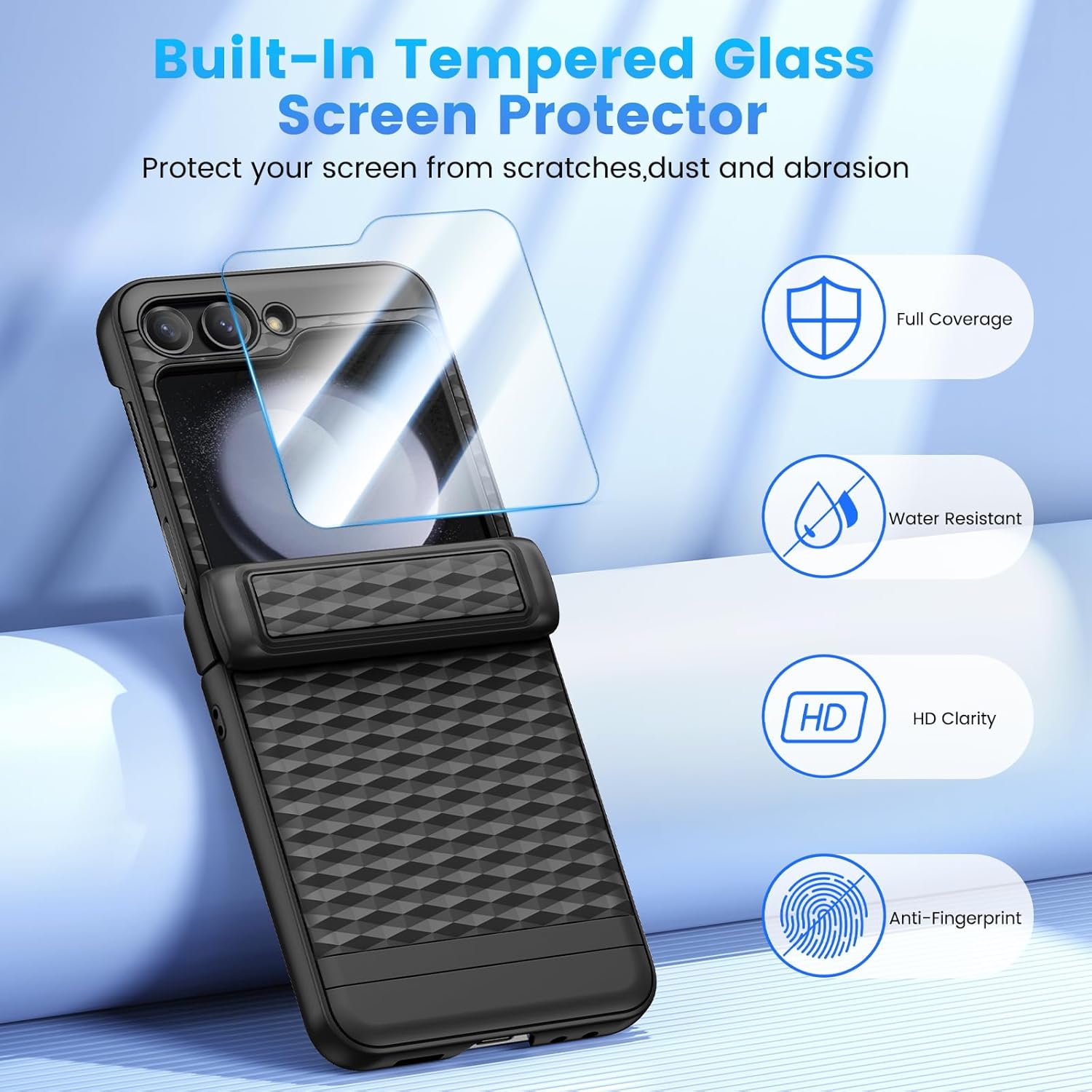 HWeggo Case for Samsung Z Flip 5 with Built-in Tempered Glass Screen Protector& Hinge Protection,Slim Fit Non-Slip Stylish Texture Shockproof Rugged Phone Protective Cover,Black…-2