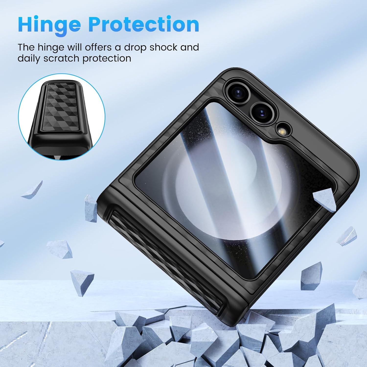 HWeggo Case for Samsung Z Flip 5 with Built-in Tempered Glass Screen Protector& Hinge Protection,Slim Fit Non-Slip Stylish Texture Shockproof Rugged Phone Protective Cover,Black…-3