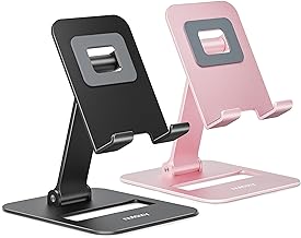 NULAXY 2 Pack Dual Folding Cell Phone Stand, Fully Adjustable Phone Holder for Desk, Compatible with iPhone 15 14 13 12 11, All 4-8“ Phones, Black & Rose Gold