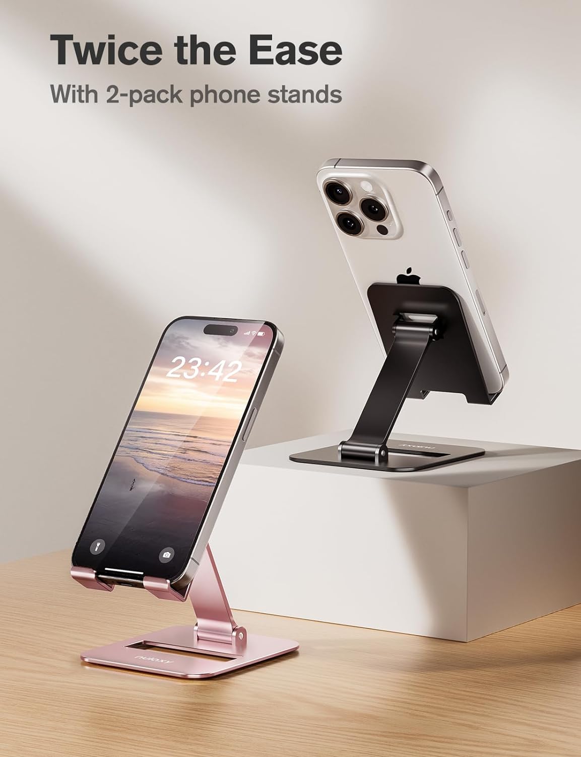 NULAXY 2 Pack Dual Folding Cell Phone Stand, Fully Adjustable Phone Holder for Desk, Compatible with iPhone 15 14 13 12 11, All 4-8“ Phones, Black & Rose Gold-1