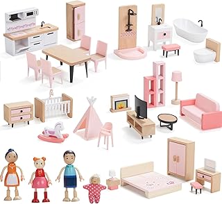 Giant bean Wooden Dollhouse Furniture Set, 36pcs Furnitures with 4 Family Dolls, Dollhouse Accessories Pretend Play Furniture Toys for Boys Girls & Toddlers 3Y+, Pink