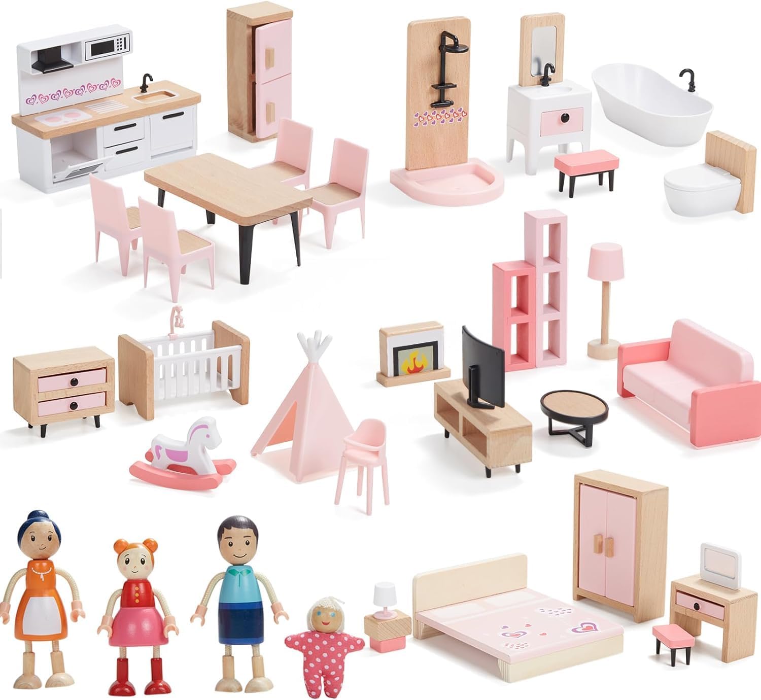 Giant bean Wooden Dollhouse Furniture Set, 36pcs Furnitures with 4 Family Dolls, Dollhouse Accessories Pretend Play Furniture Toys for Boys Girls & Toddlers 3Y+, Pink-0