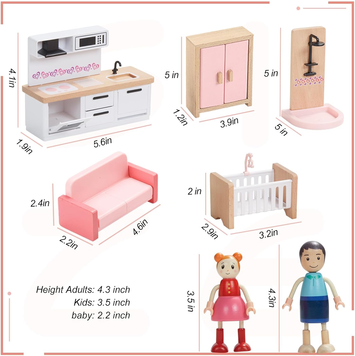 Giant bean Wooden Dollhouse Furniture Set, 36pcs Furnitures with 4 Family Dolls, Dollhouse Accessories Pretend Play Furniture Toys for Boys Girls & Toddlers 3Y+, Pink-5