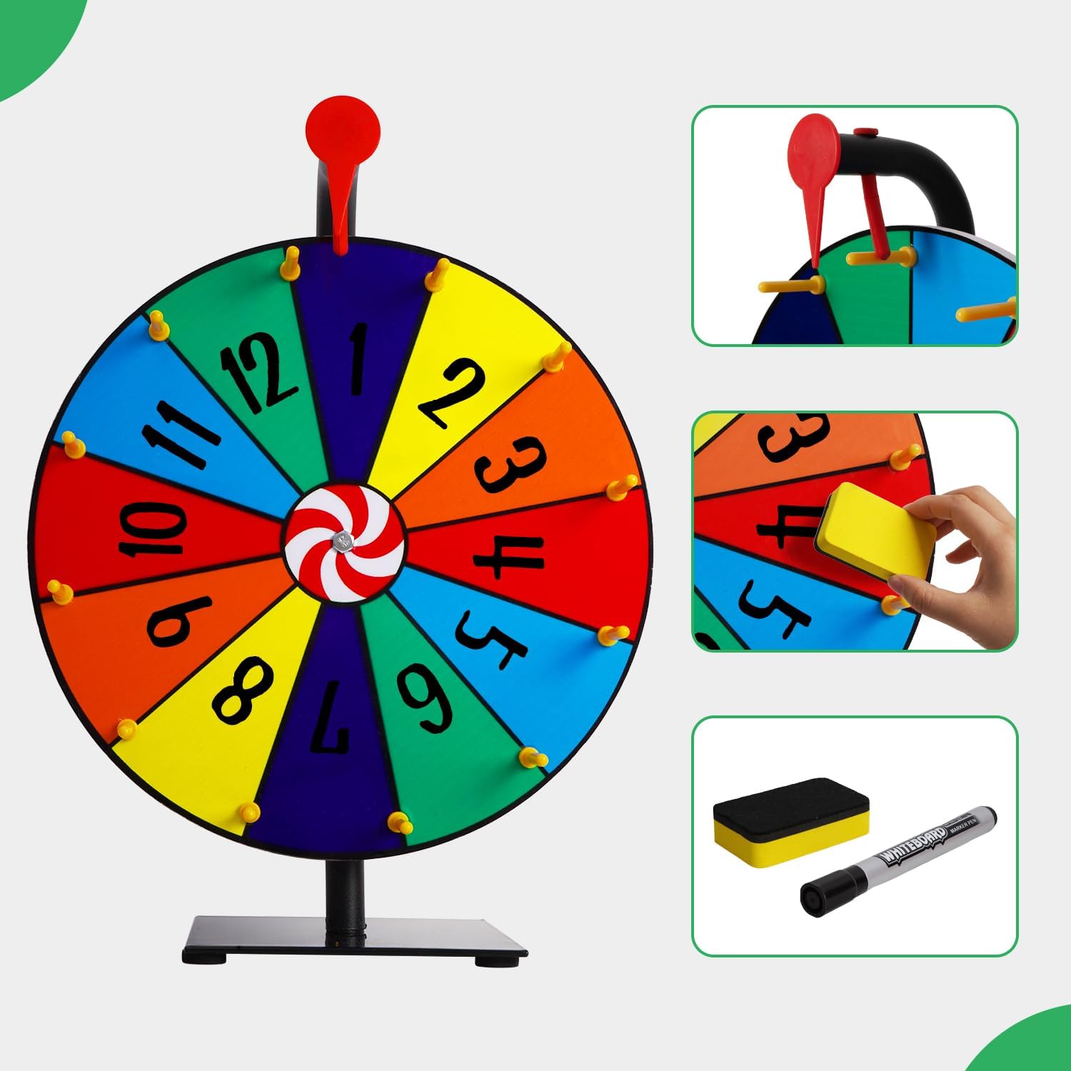 Tcatec 12 Inch Spinning Prize Wheel 12 Slots Heavy Duty Tabletop Roulette Spinner with Dry Erase Markers and Eraser, Fortune Spinning the Wheel for Carnival, Trade Show, Spinning Game Party Pub-2