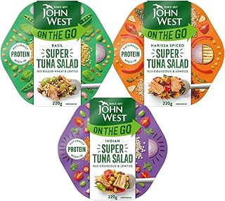 On The Go Basil Super Tuna Salad 220g with Harissa Super Tuna Salad 220g & Indian Super Tuna Salad 220g - Bundle Consisting of John West x3 Pack