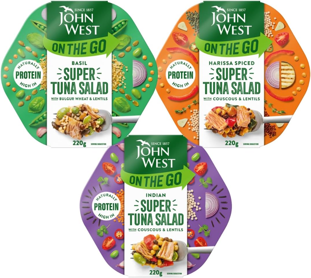 On The Go Basil Super Tuna Salad 220g with Harissa Super Tuna Salad 220g & Indian Super Tuna Salad 220g - Bundle Consisting of John West x3 Pack-0