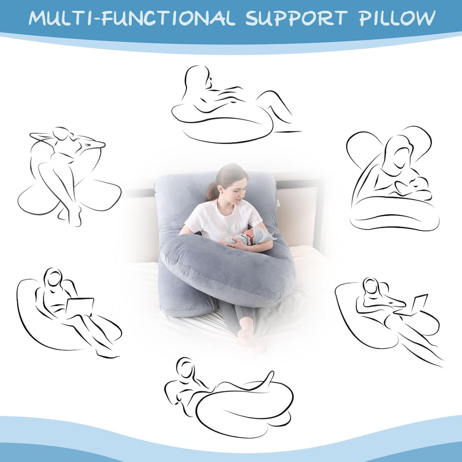 Vmglgig Pregnancy Pillow, J Shaped Full Body Pillow, Nursing Pillow Pregnancy Pillows for Sleeping, Support, Maternity Pillow Breastfeeding Pillows with Removable and Washable Cover(Light Gery)-6