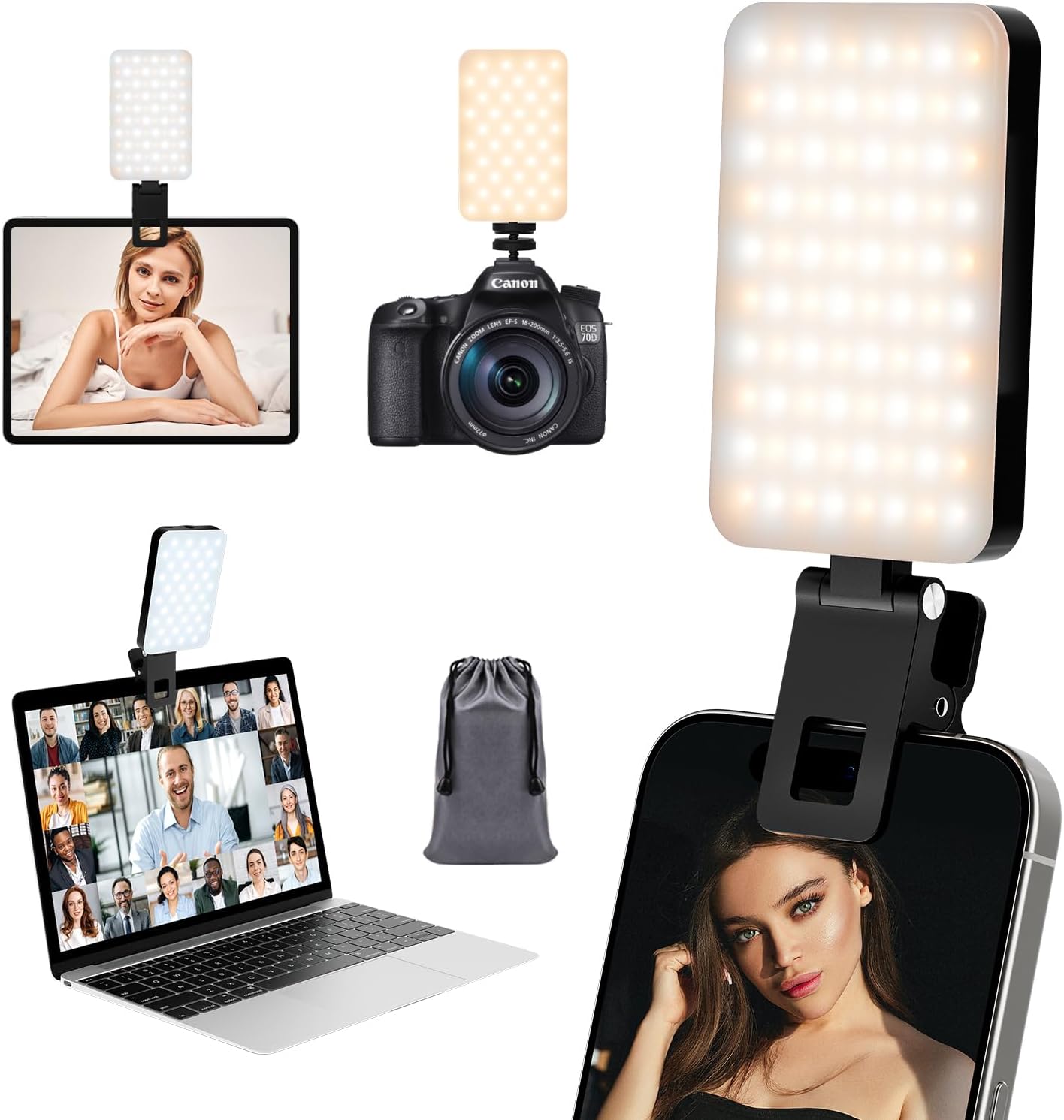 RealPlus Phone Light, Selfie Light for Phone Clip On 2000mAh with 80 LEDs & 5 Colors for Phone, Tablet, Laptop, Zoom Meeting, Makeup, Video (Dark Black)-0