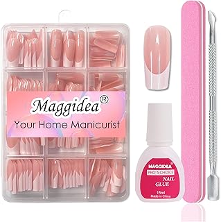 Maggidea Press on Nails, 240 Pcs Coffin Fake Nails French Tip Nude Color False Nail Glossy Full Cover Glue on Nails Ballerina Nail Art Manicure Decorations for Girls Women (French-Medium Long Square)