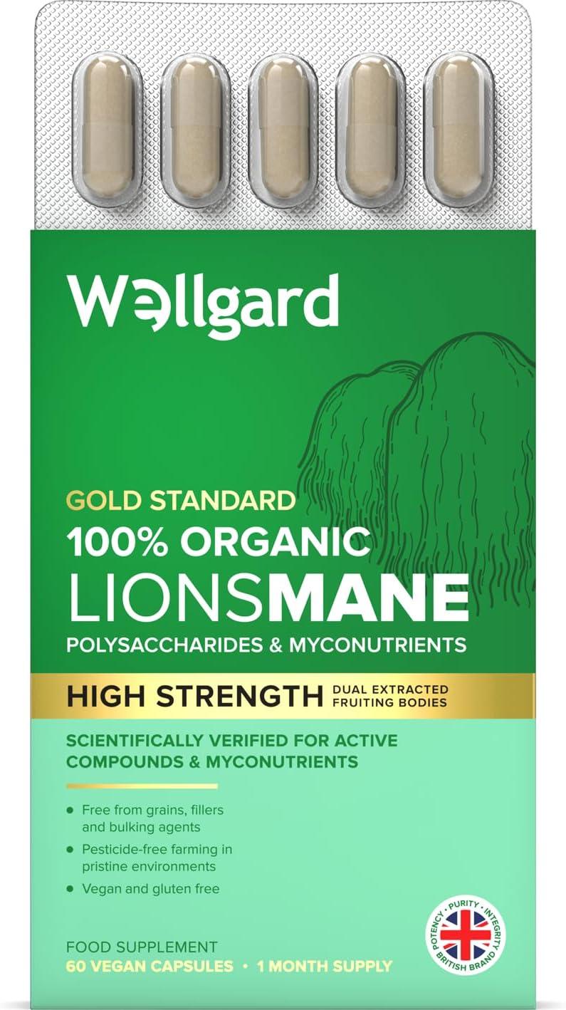 Wellgard Organic Lions Mane Mushroom Capsules – Lions Mane Supplement, Dual Extracted, Easy to Use, 60 Caps, Made in UK-0