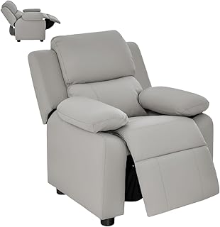 Maxmass Kids Sofa, PU Leather Children Recliner Chair with Adjustable Backrest & Footrest, Flip-up Armrest with Storage, Padded Toddler Armchair for Reading, Sleeping (Gray)