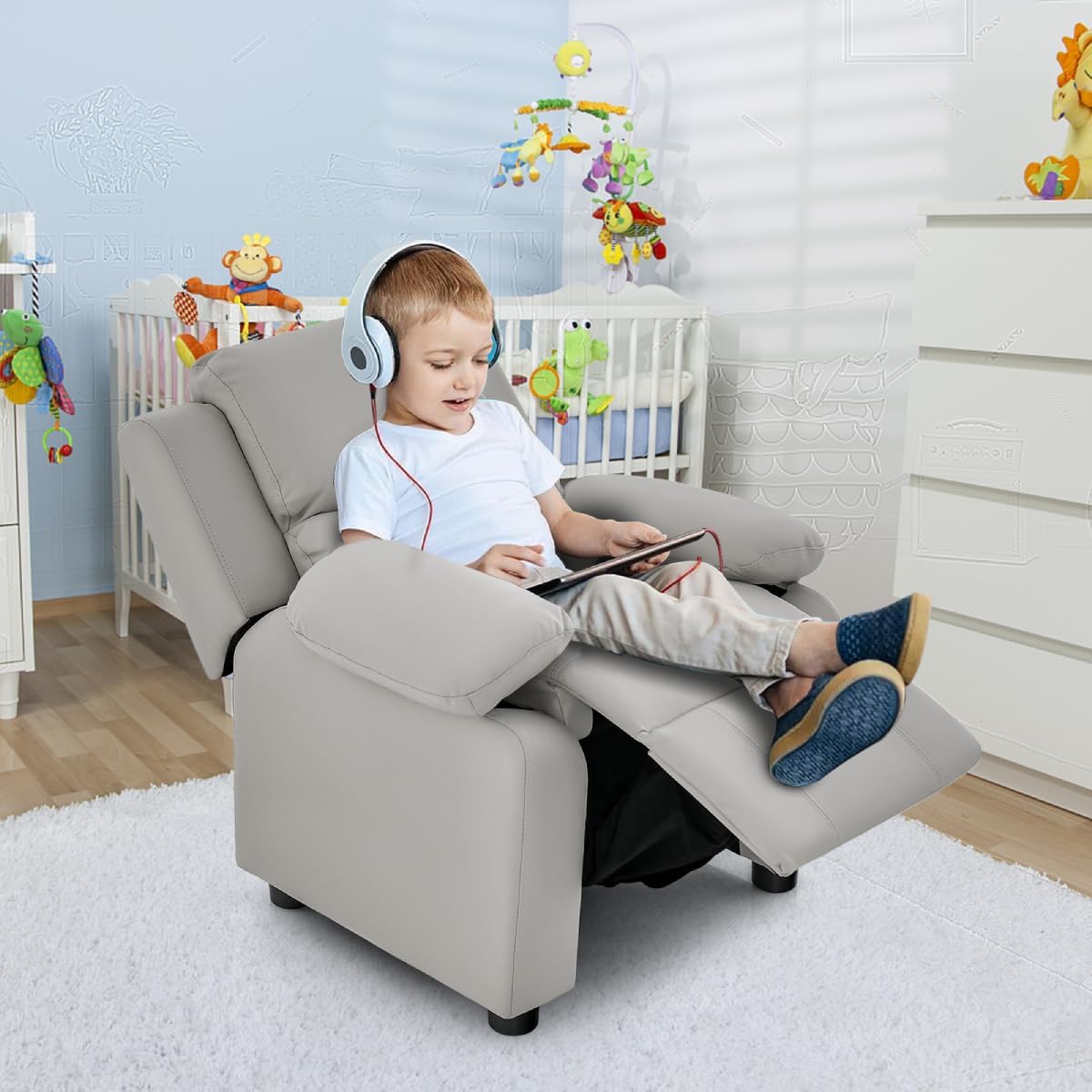 Maxmass Kids Sofa, PU Leather Children Recliner Chair with Adjustable Backrest & Footrest, Flip-up Armrest with Storage, Padded Toddler Armchair for Reading, Sleeping (Gray)-1