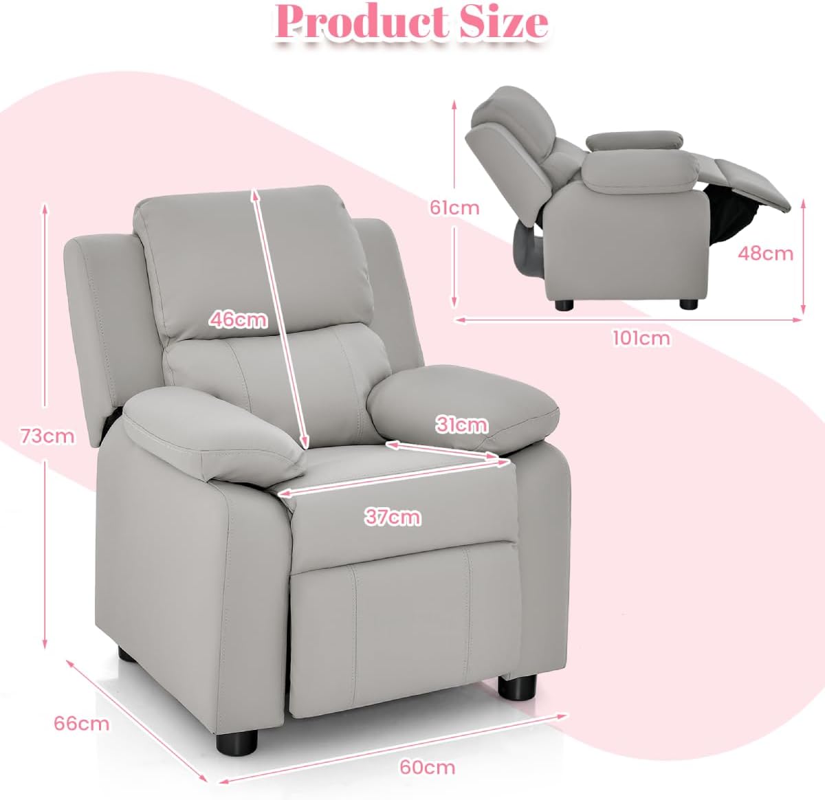 Maxmass Kids Sofa, PU Leather Children Recliner Chair with Adjustable Backrest & Footrest, Flip-up Armrest with Storage, Padded Toddler Armchair for Reading, Sleeping (Gray)-2