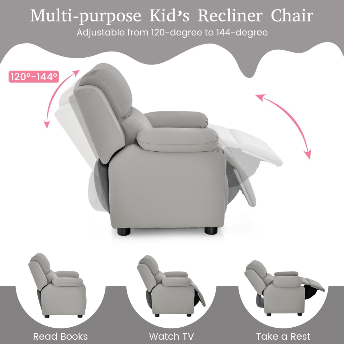 Maxmass Kids Sofa, PU Leather Children Recliner Chair with Adjustable Backrest & Footrest, Flip-up Armrest with Storage, Padded Toddler Armchair for Reading, Sleeping (Gray)-3