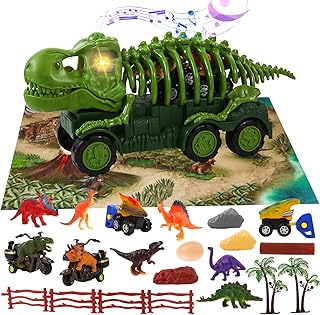 Dinosaur Truck Toy, Tyrannosaurus Transport Skeleton Car with Sounds and Lights, 6 Dino Figures, 4 Mini Dino Cars, Dinosaur Play Mat, Dinosaur Eggs & Trees for Boys and Girls 3-7 Years Old