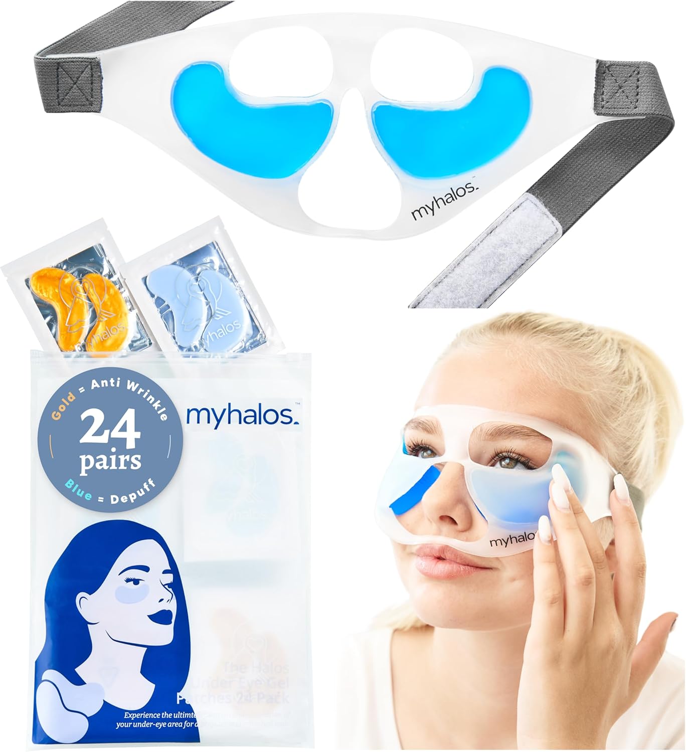 MyHalos Under Eye Patches & Cooling Eye Mask Set- 24 Eye Masks for Puffy Eyes and Eye Bags Remover Kit- 24k Gold & Blue Under Eye Gel Patches Cold Eye Mask for Puffiness - Eye Masks Skincare -Patented-0