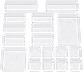 BTGGG 18 Pcs Clear Drawer Organiser Tray, Desk Organiser Drawers with 5 Sizes for Makeup, Office Supplies, Plastic Storage Drawer Dividers for Closet Bedroom Bathroom Kitchen