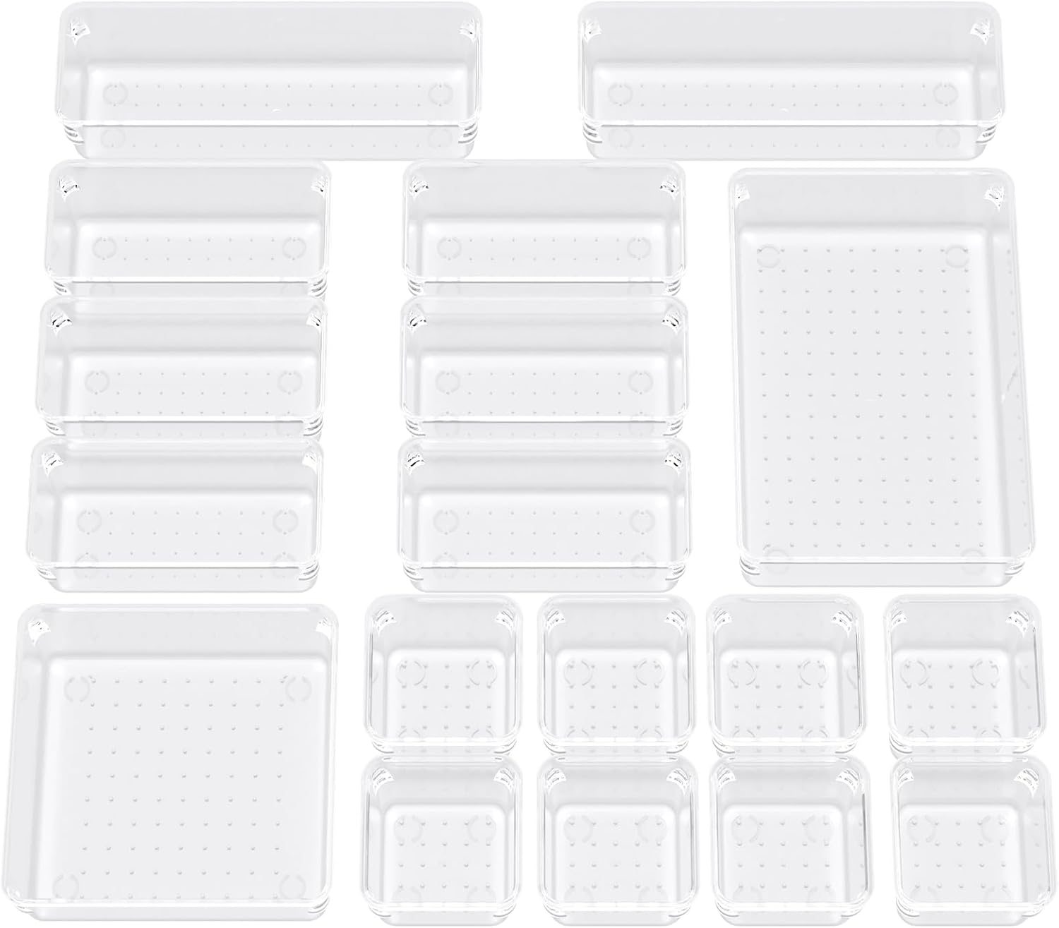 BTGGG 18 Pcs Clear Drawer Organiser Tray, Desk Organiser Drawers with 5 Sizes for Makeup, Office Supplies, Plastic Storage Drawer Dividers for Closet Bedroom Bathroom Kitchen-0