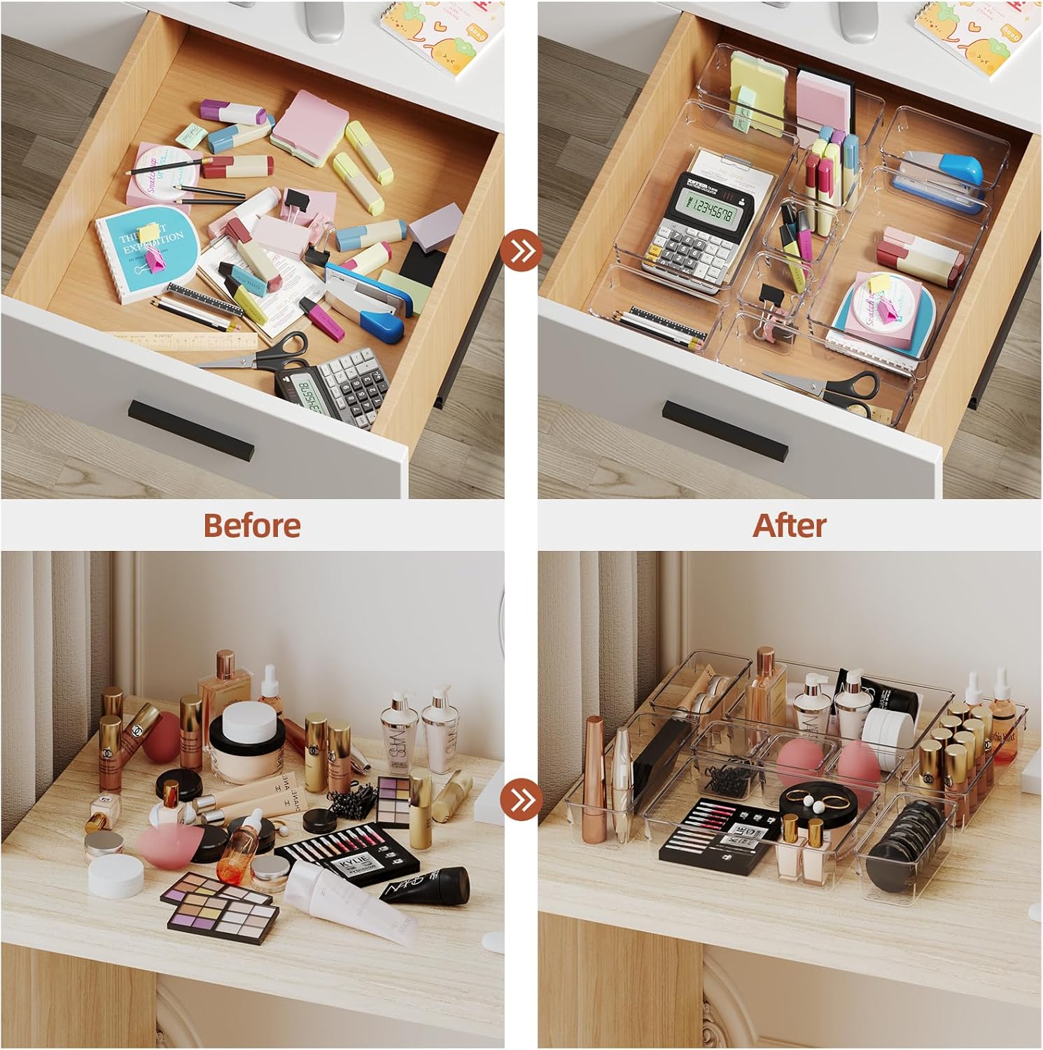 BTGGG 18 Pcs Clear Drawer Organiser Tray, Desk Organiser Drawers with 5 Sizes for Makeup, Office Supplies, Plastic Storage Drawer Dividers for Closet Bedroom Bathroom Kitchen-4