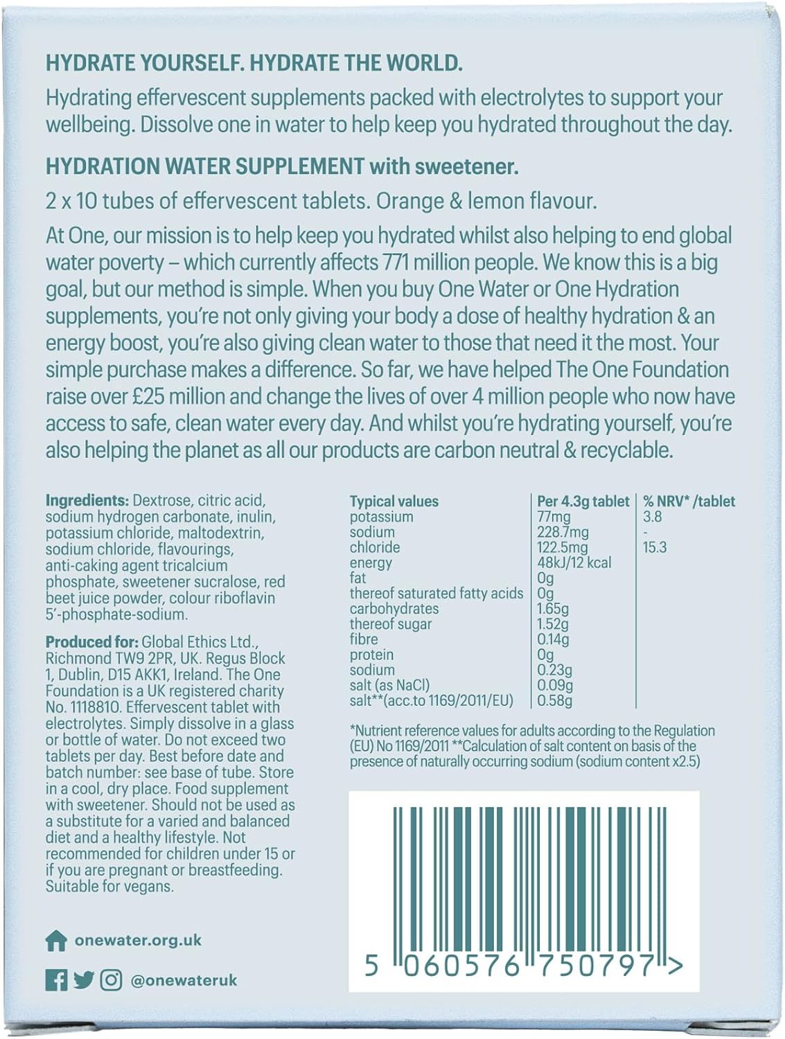 ONE Hydration Effervescent Electrolyte Tablets, 20x Dissolvable Tablets - Potassium, Sodium - Low Calorie, 12 kcals per Tablet - 20 Hydrating Energy Tablets - Caffeine Free - 2X Packs of 10-8