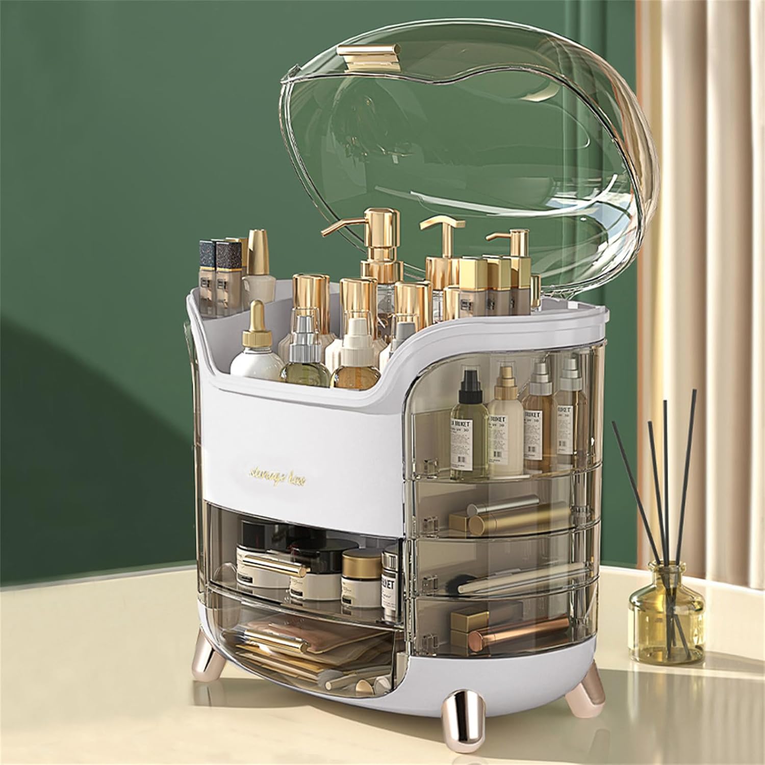 BTGGG Cosmetic Organiser Dustproof Skincare Organiser Makeup Desk Organiser with Lipstick Slots Mutifuctional Beauty Storage Stand for Make-up Jewelry Vanity for Bedroom Bathroom Dressing Table, White-0