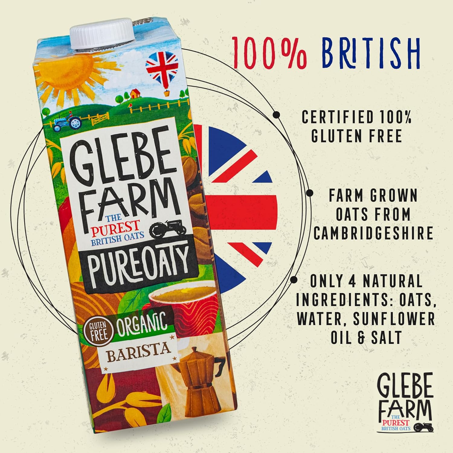 Glebe Farm PureOaty Organic Barista Oat Milk | Vegan Oat Milk | Gluten-Free Oat Milk, Vegan Coffee Creamer & High Protein Plant Milk with Calcium & Vitamin B12, Non-Dairy, Dairy Free Milk (1L 6-Pack)-1