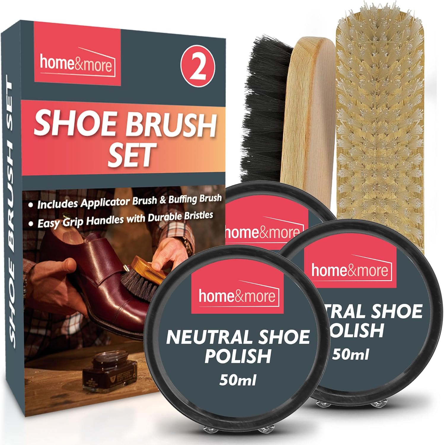 2pk Shoe Brush Set & 3 Neutral Shoe Polish | Neutral Shoe Polish Kit | 2 Shoe Polish Brushes + 3 Wax Neutral Leather Shoe Polish | Neutral Boot Polish | Shoe Polish Neutral Polish Shoes | Cleaning Kit-0