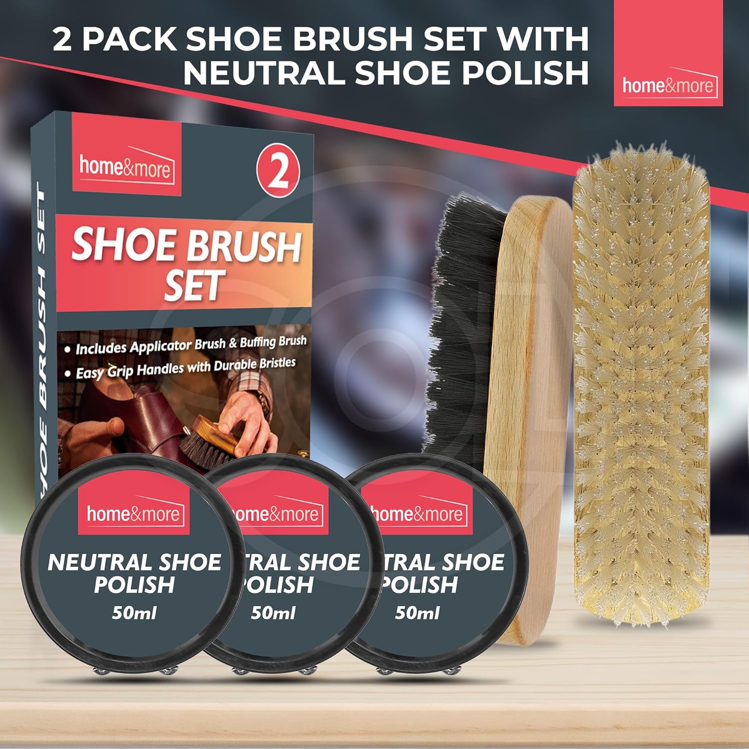 2pk Shoe Brush Set & 3 Neutral Shoe Polish | Neutral Shoe Polish Kit | 2 Shoe Polish Brushes + 3 Wax Neutral Leather Shoe Polish | Neutral Boot Polish | Shoe Polish Neutral Polish Shoes | Cleaning Kit-2