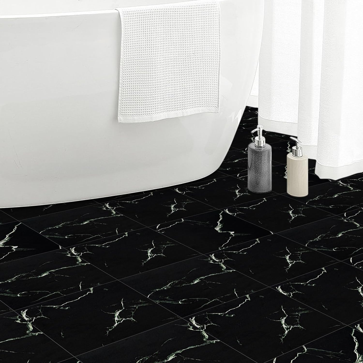 Elffloor Floor Tiles Self Adhesive Vinyl Flooring, Peel and Stick Floor Tiles, Bathroom Waterproof Vinyl Floor Tiles Stick on Kitchen Living Room Marble Effect Black 30x30cm 10pcs 1mm-0