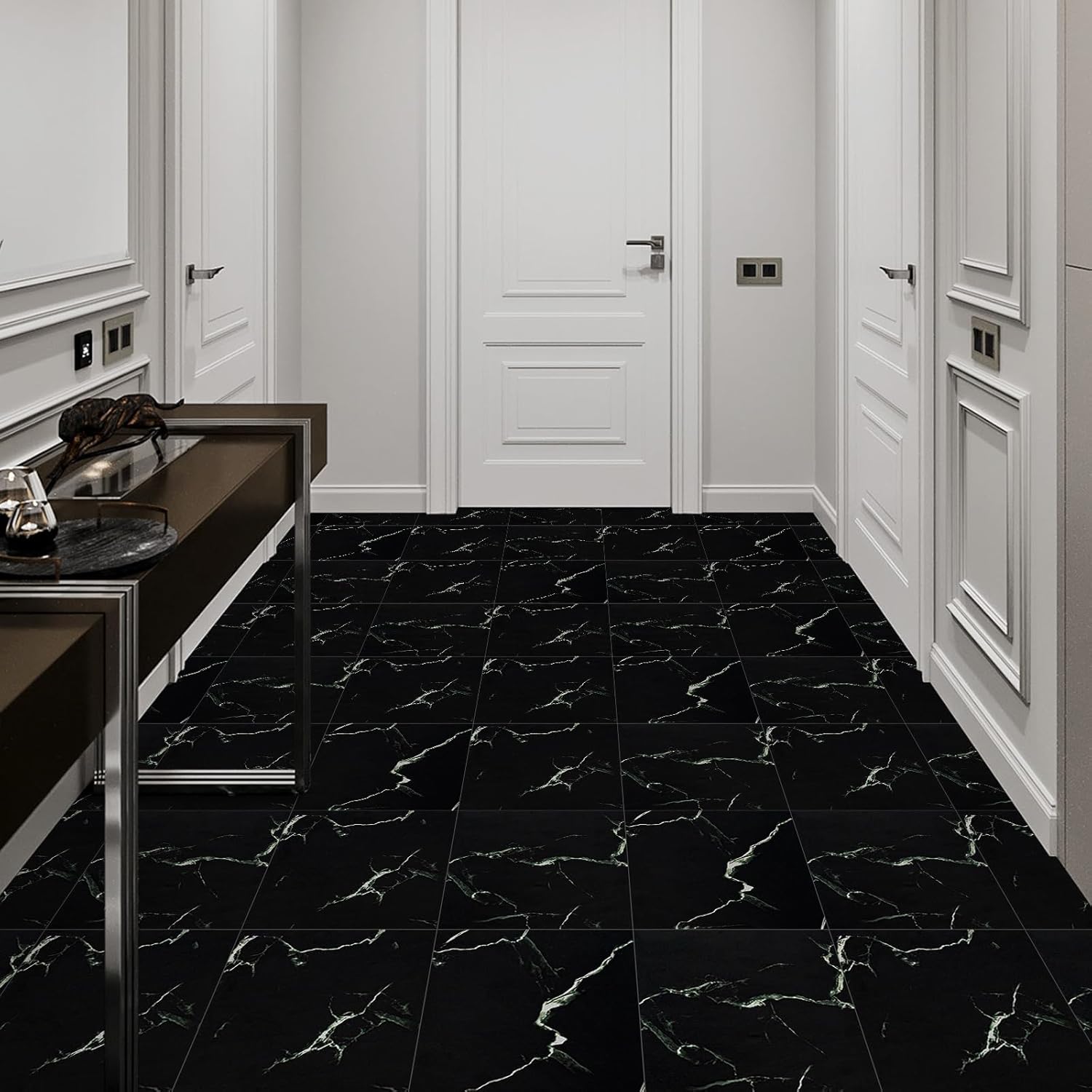 Elffloor Floor Tiles Self Adhesive Vinyl Flooring, Peel and Stick Floor Tiles, Bathroom Waterproof Vinyl Floor Tiles Stick on Kitchen Living Room Marble Effect Black 30x30cm 10pcs 1mm-2