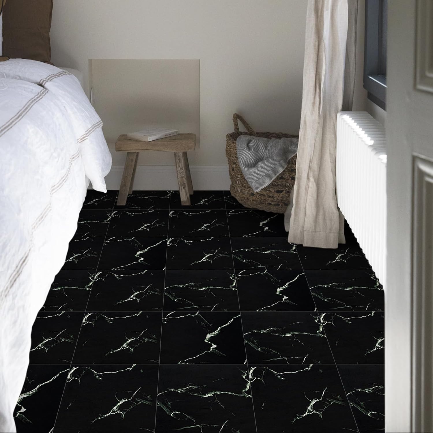 Elffloor Floor Tiles Self Adhesive Vinyl Flooring, Peel and Stick Floor Tiles, Bathroom Waterproof Vinyl Floor Tiles Stick on Kitchen Living Room Marble Effect Black 30x30cm 10pcs 1mm-3