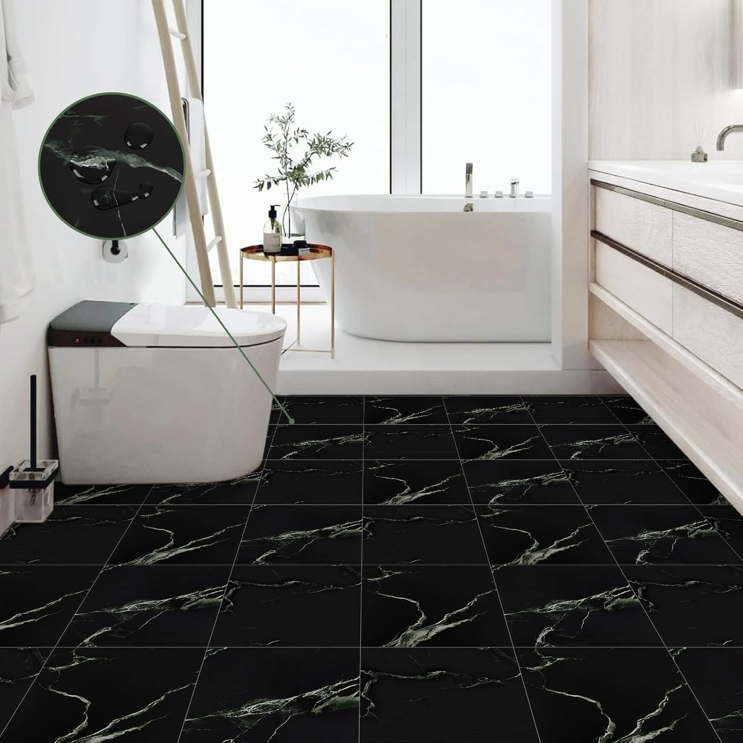 Elffloor Floor Tiles Self Adhesive Vinyl Flooring, Peel and Stick Floor Tiles, Bathroom Waterproof Vinyl Floor Tiles Stick on Kitchen Living Room Marble Effect Black 30x30cm 10pcs 1mm-4