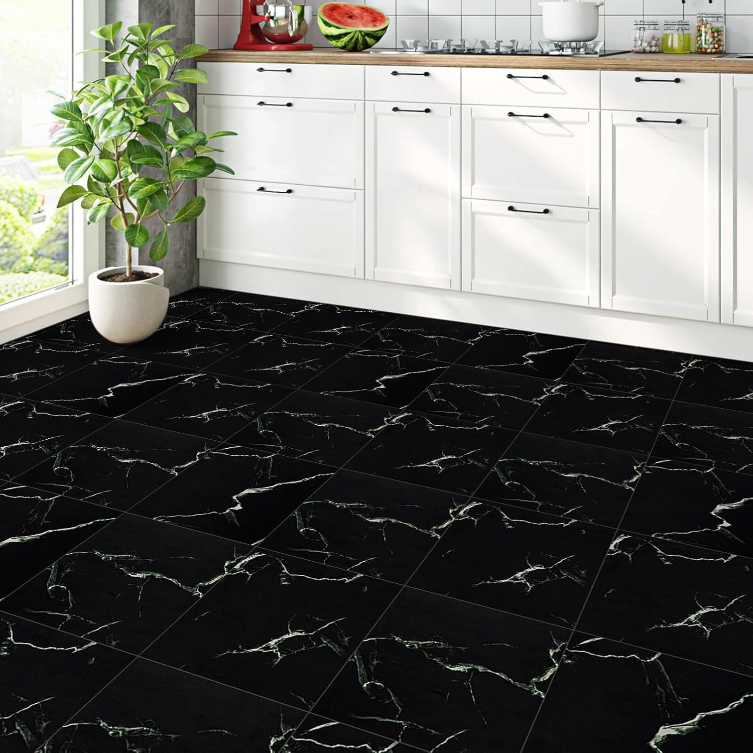 Elffloor Floor Tiles Self Adhesive Vinyl Flooring, Peel and Stick Floor Tiles, Bathroom Waterproof Vinyl Floor Tiles Stick on Kitchen Living Room Marble Effect Black 30x30cm 10pcs 1mm-6