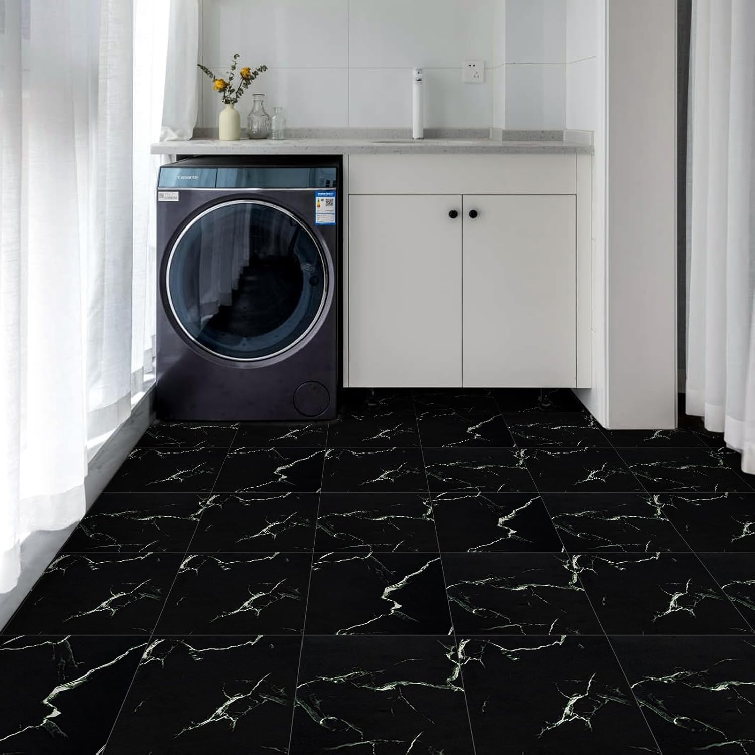 Elffloor Floor Tiles Self Adhesive Vinyl Flooring, Peel and Stick Floor Tiles, Bathroom Waterproof Vinyl Floor Tiles Stick on Kitchen Living Room Marble Effect Black 30x30cm 10pcs 1mm-7