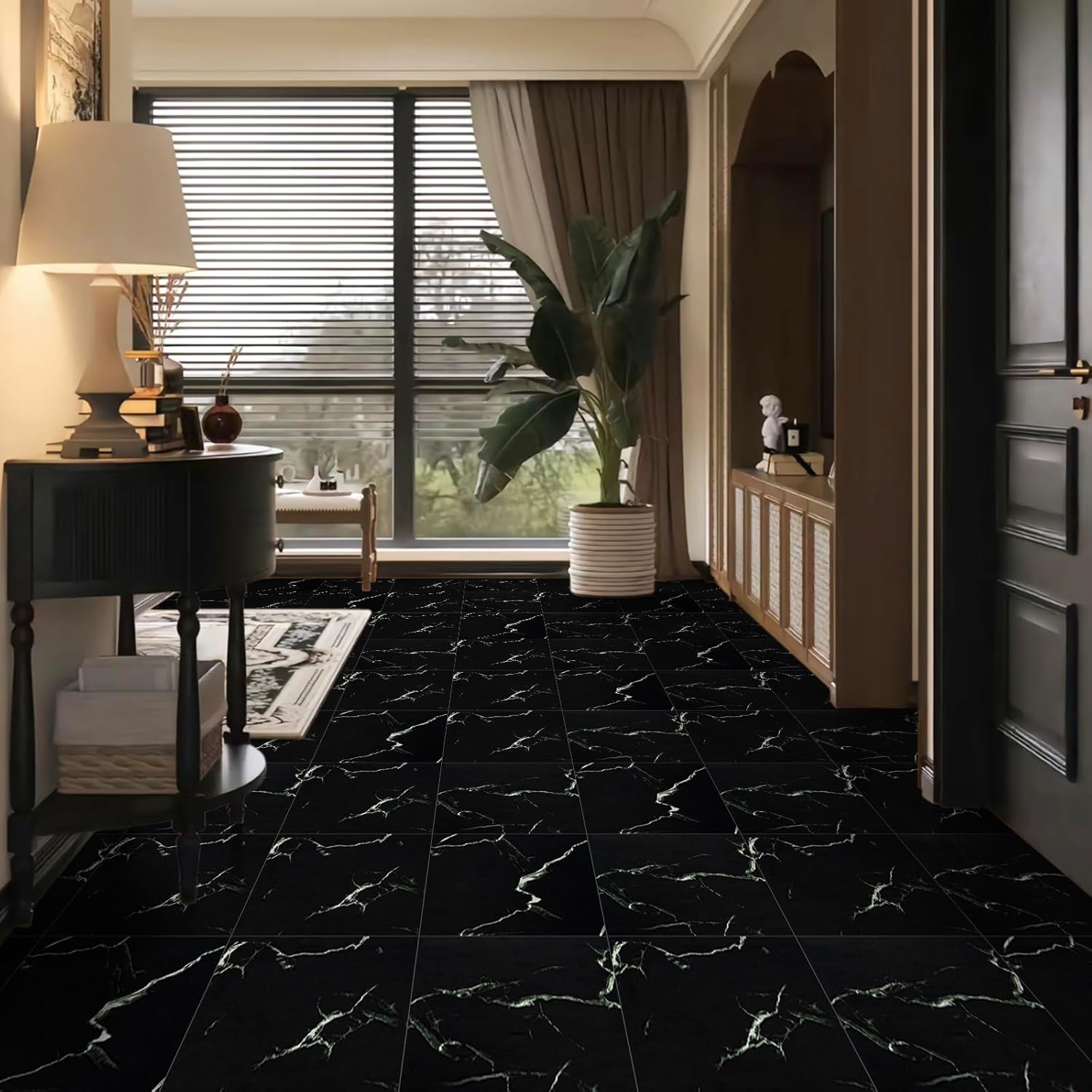 Elffloor Floor Tiles Self Adhesive Vinyl Flooring, Peel and Stick Floor Tiles, Bathroom Waterproof Vinyl Floor Tiles Stick on Kitchen Living Room Marble Effect Black 30x30cm 10pcs 1mm-8