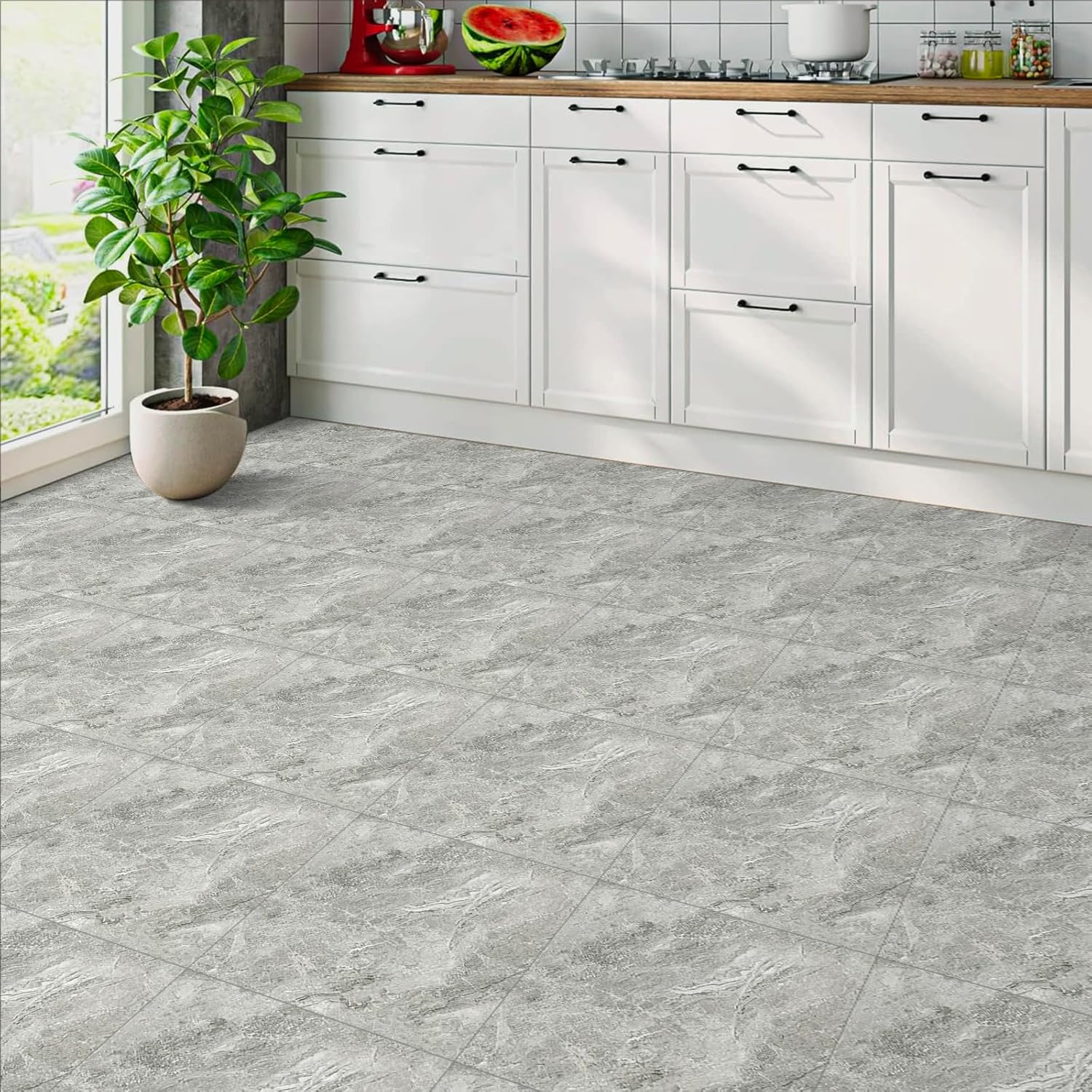 Elffloor Floor Tiles Self Adhesive Vinyl Flooring, Peel and Stick Floor Tiles, Bathroom Waterproof Vinyl Floor Tiles Stick on Kitchen Living Room Marble Effect Grey 30x30cm 10pcs 1mm-7