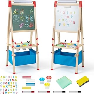 Maxmass 3-in-1 Kids Art Easel, Height Adjustable Children Painting Easel with Removable Storage Bag, Paper Roll and Accessories, Double Sided Chalkboard & Whiteboard for Toddlers