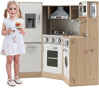 Maxmass Kids Corner Kitchen, Wooden Children Play Kitchen with Light & Sound, Ice Dispenser, Accessory Utensils, Toddler Role Play Cooking Playset for Girls Boys (with Telephone & Range Hood)