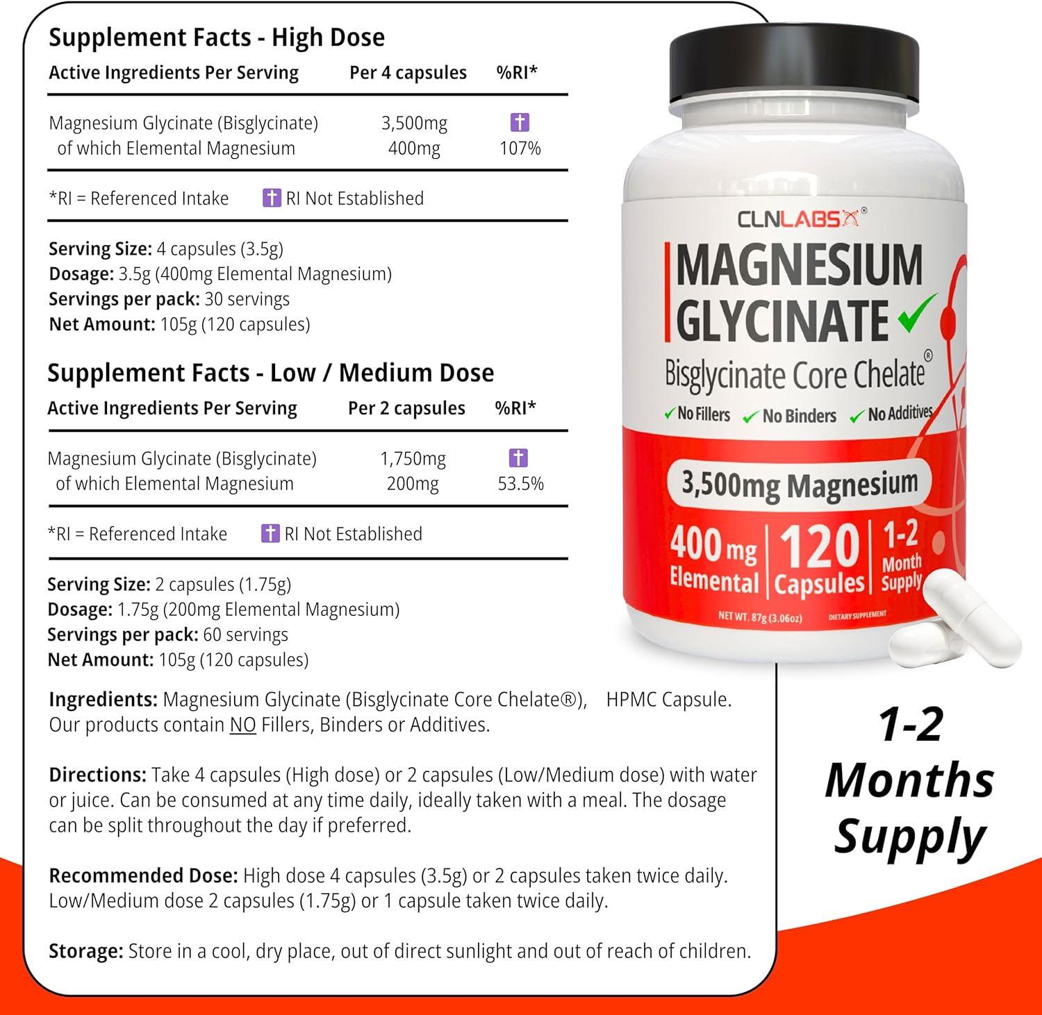 CLN Labs Magnesium Glycinate (Bisglycinate) - 3500mg (400mg Elemental) | 120 High Strength Capsules | Highly Bioavailable Chelated Magnesium Supplement | 1-2 Months Supply | Made in UK - GMP Certified-6