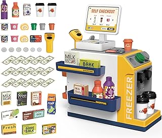 deAO Toy Kitchen, 2-in-1 Kids Supermarket Toy and Coffee Machine Play Set, 45 Pieces with Play Money, Shop Accessories, Shopping Cash Register with Scanner and Sound, Playset for Children from 3 Years