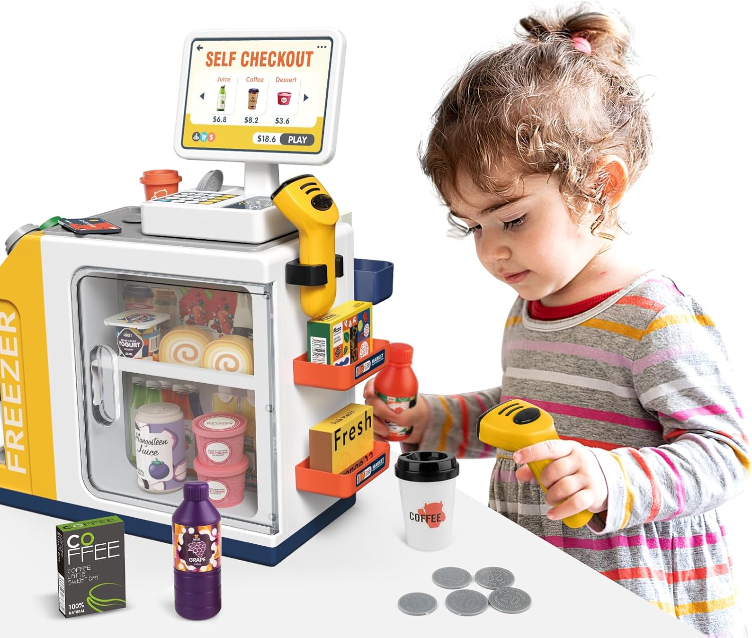 deAO Toy Kitchen, 2-in-1 Kids Supermarket Toy and Coffee Machine Play Set, 45 Pieces with Play Money, Shop Accessories, Shopping Cash Register with Scanner and Sound, Playset for Children from 3 Years-1