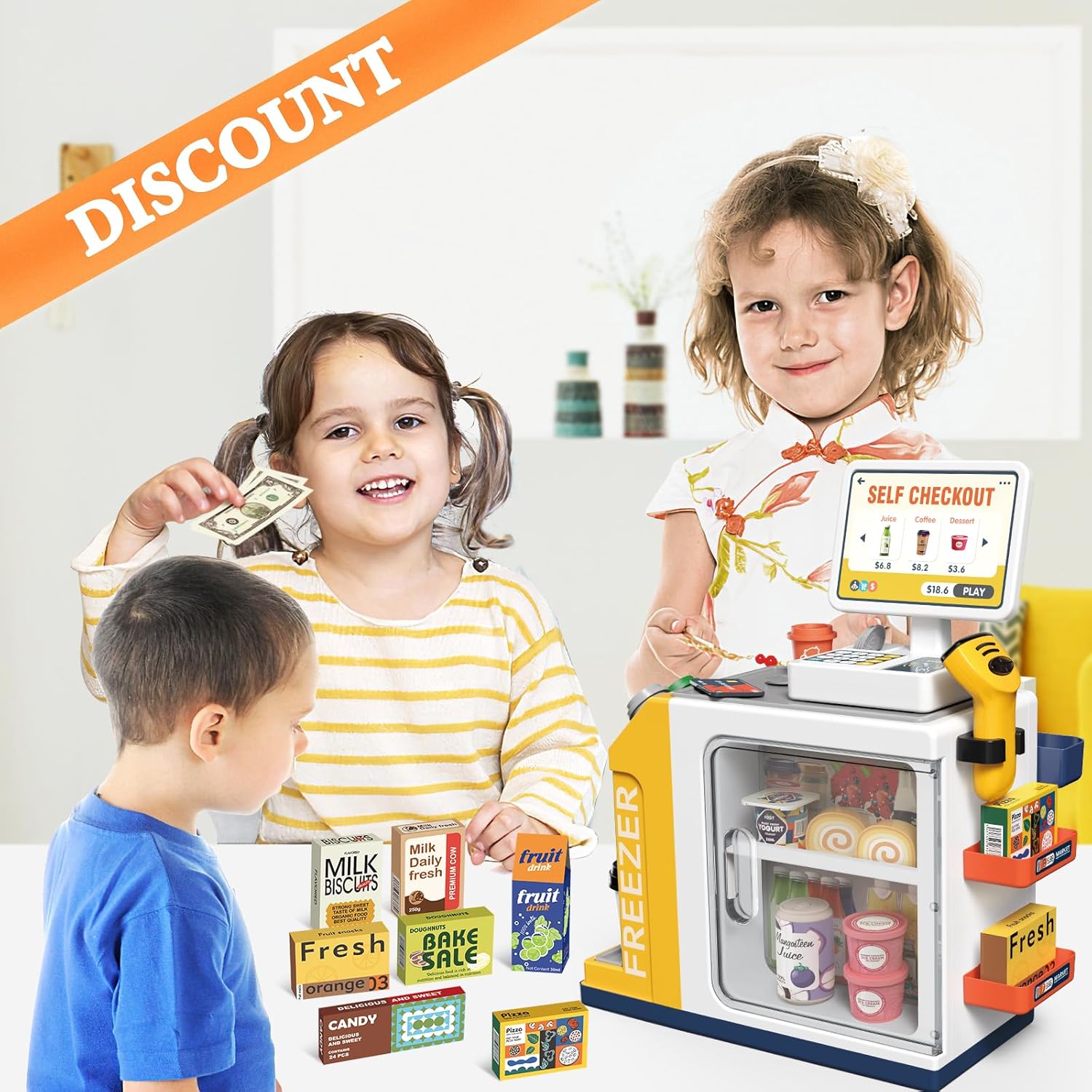 deAO Toy Kitchen, 2-in-1 Kids Supermarket Toy and Coffee Machine Play Set, 45 Pieces with Play Money, Shop Accessories, Shopping Cash Register with Scanner and Sound, Playset for Children from 3 Years-3