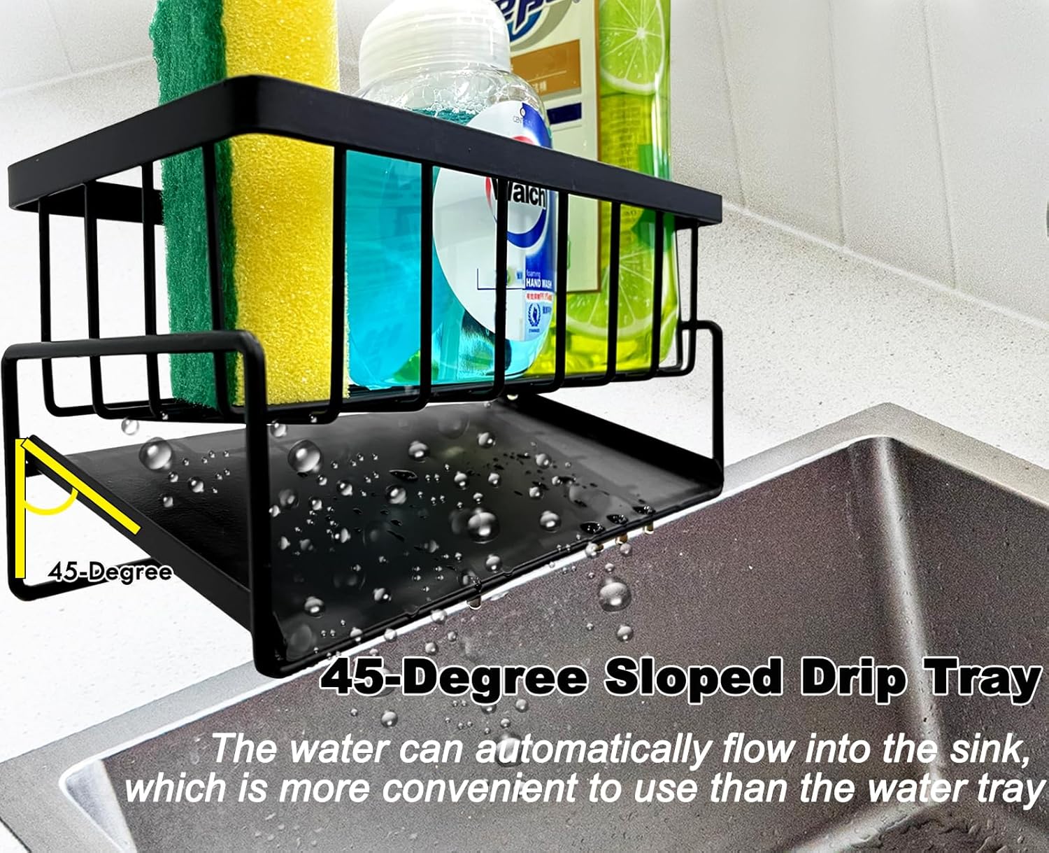 VAKOWOO Sink Caddy, Kitchen Sink Orgainser, Stainless Steel Sink Tidy Sponge Holder With 45-Degree Sloped Drip Tray, Kitchen Sink Caddy Organiser With Removable Dishcloth Hook for Countertop-1