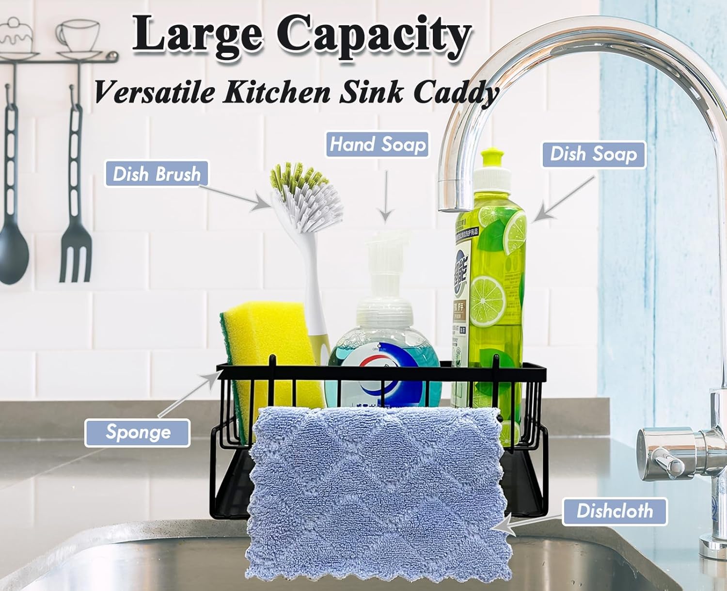 VAKOWOO Sink Caddy, Kitchen Sink Orgainser, Stainless Steel Sink Tidy Sponge Holder With 45-Degree Sloped Drip Tray, Kitchen Sink Caddy Organiser With Removable Dishcloth Hook for Countertop-2